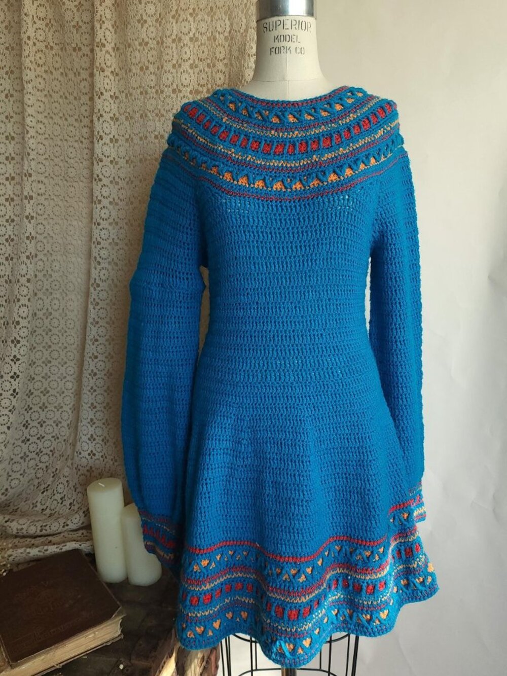 Vintage 1970s Sweater Dress in Blue Wool Crochet Knit,  Scandinavian Boho Mini B